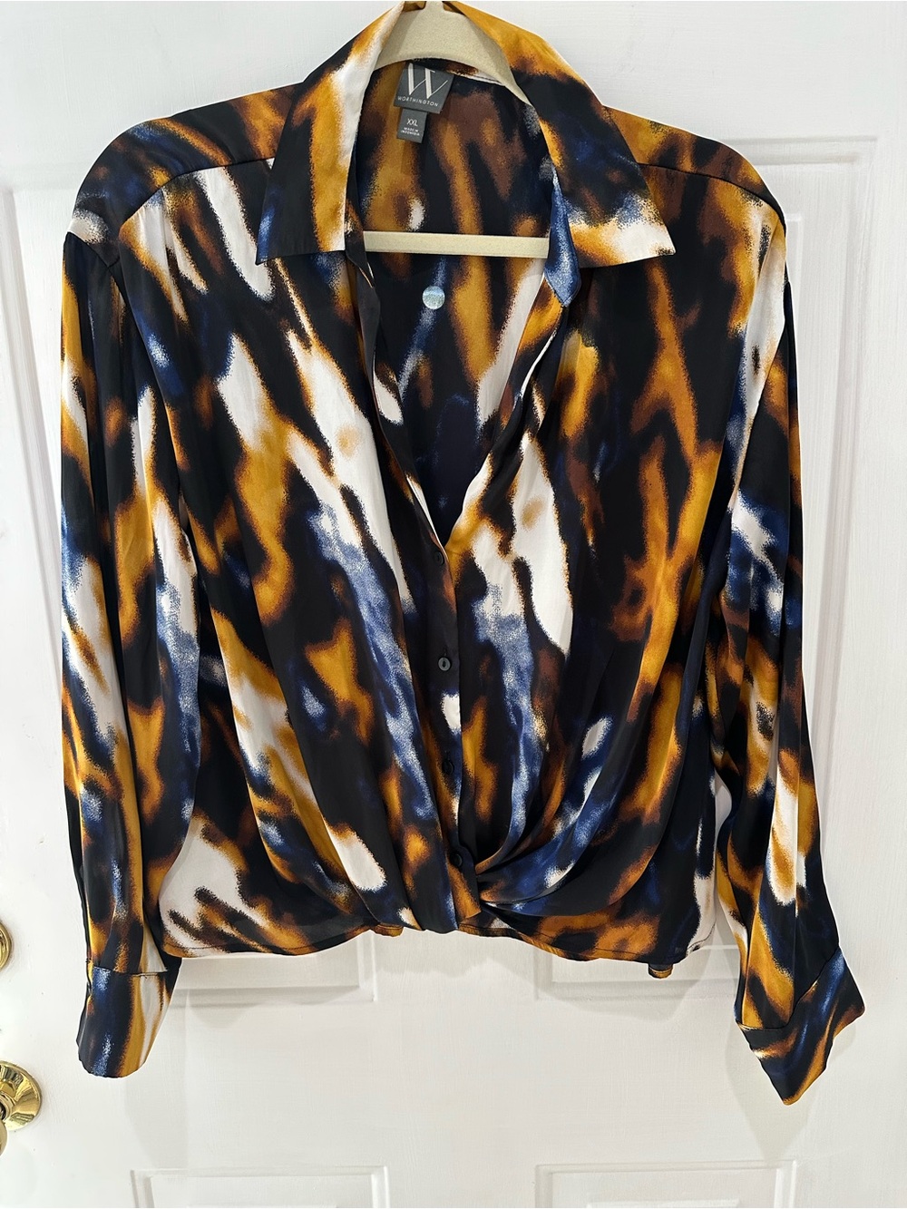 Worthington Black, Gold, White & Navy Twist-Front Button Down Shirt